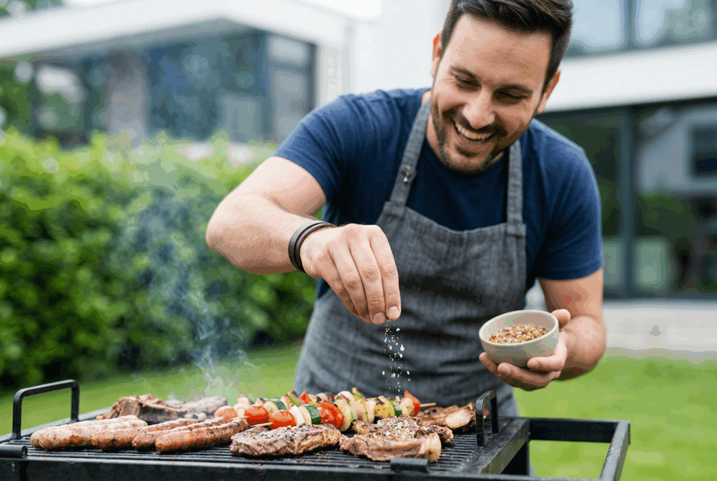 мужчина готовит мясо