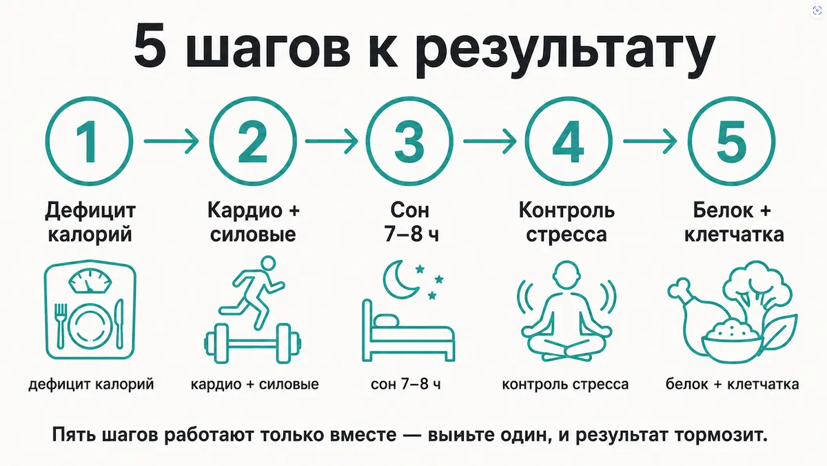 Пять шагов работают только вместе — выньте один, и результат тормозит. 5 шагов чтобы убрать бока, пошаговая схема