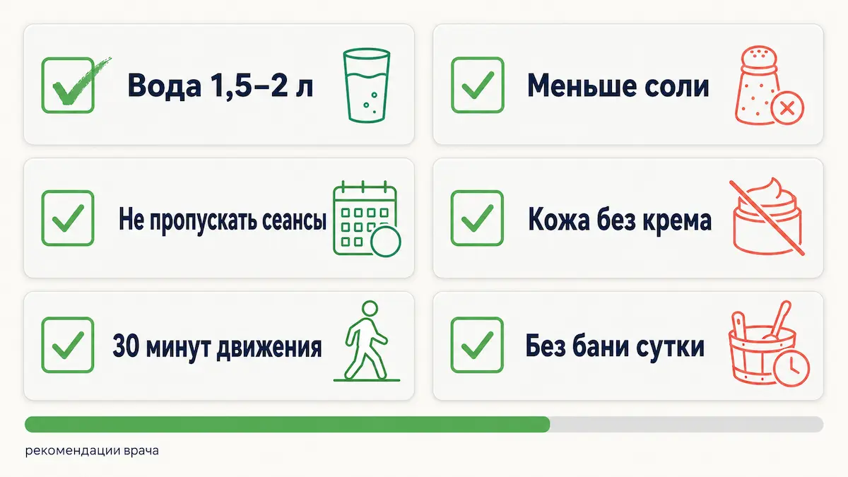 Чек-лист подготовки к курсу аппаратного массажа: вода, движение, соль, кремы, баня