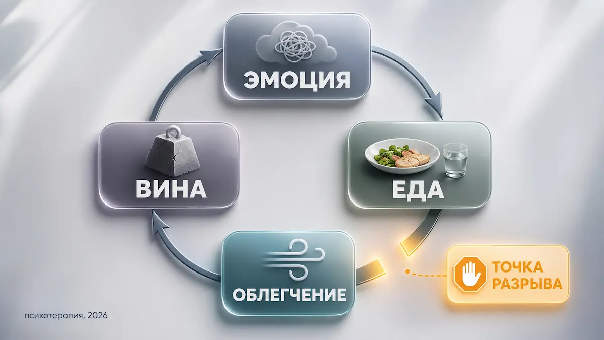 Как замыкается круг «эмоция — еда — облегчение — вина» и где его можно разорвать. цикл заедания эмоций при пищевой зависимости: эмоция, еда, облегчение, вина