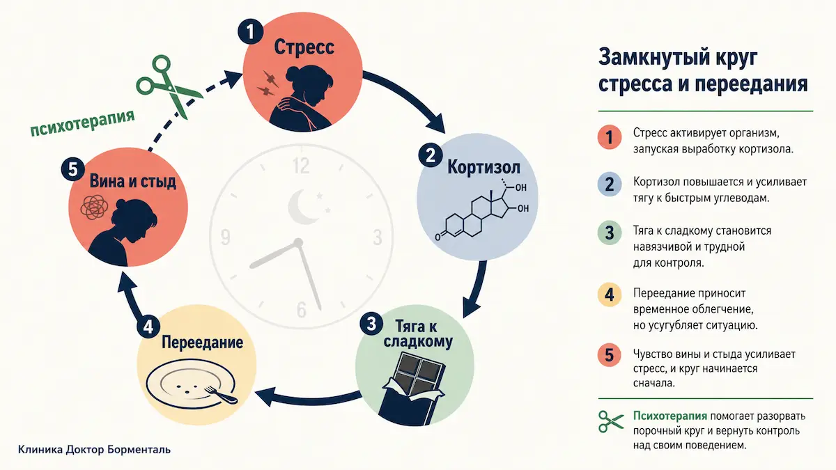 Схема замкнутого цикла эмоционального переедания: стресс, тяга, срыв, вина, новый стресс