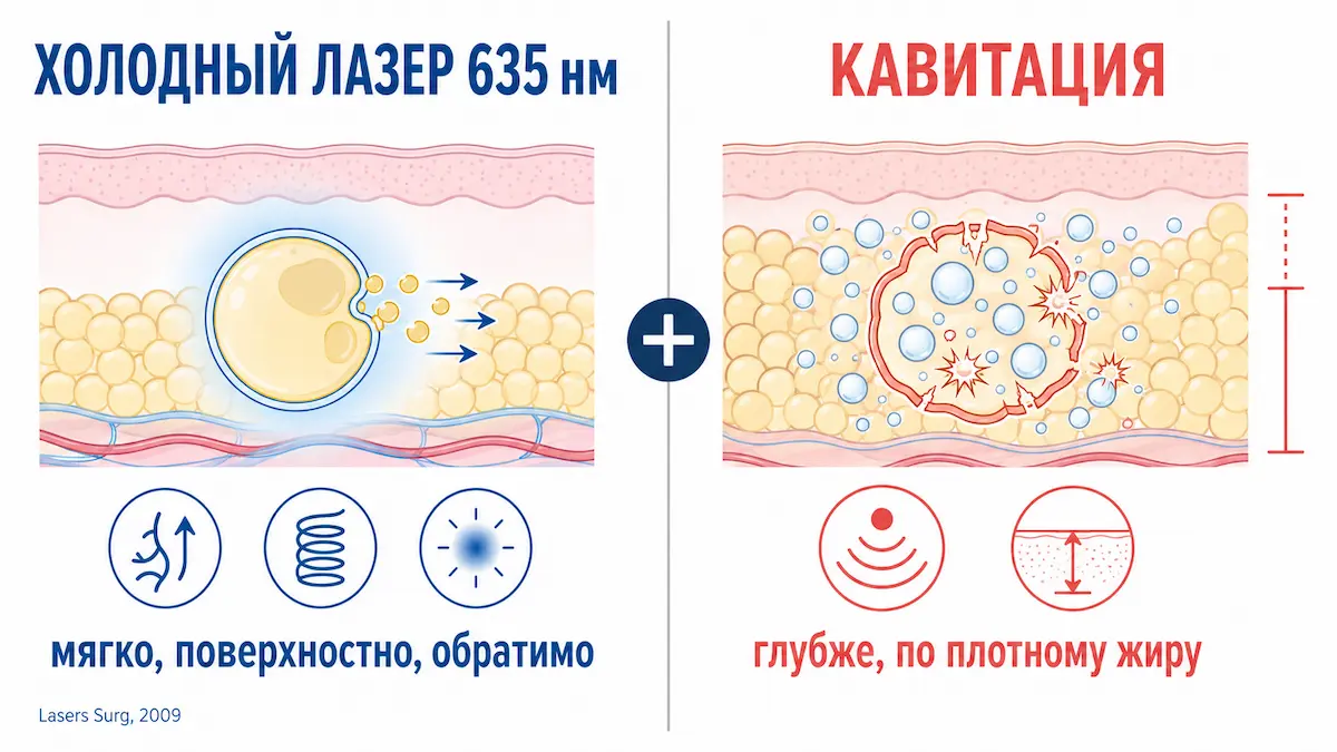 Лазер и кавитация в аппарате Эксимия: сравнение двух воздействий