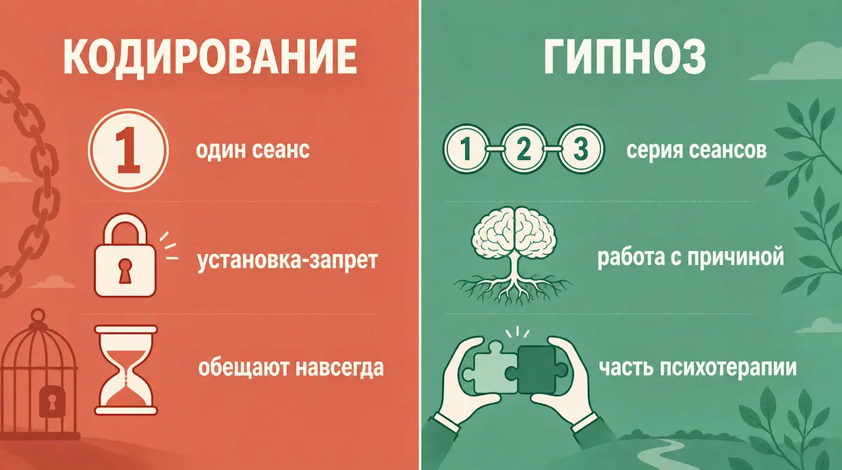 Гипноз работает как процесс и добавка к терапии; «кодирование» продаётся как разовое событие. гипноз или кодирование: сравнение двух подходов к похудению — таблица различий