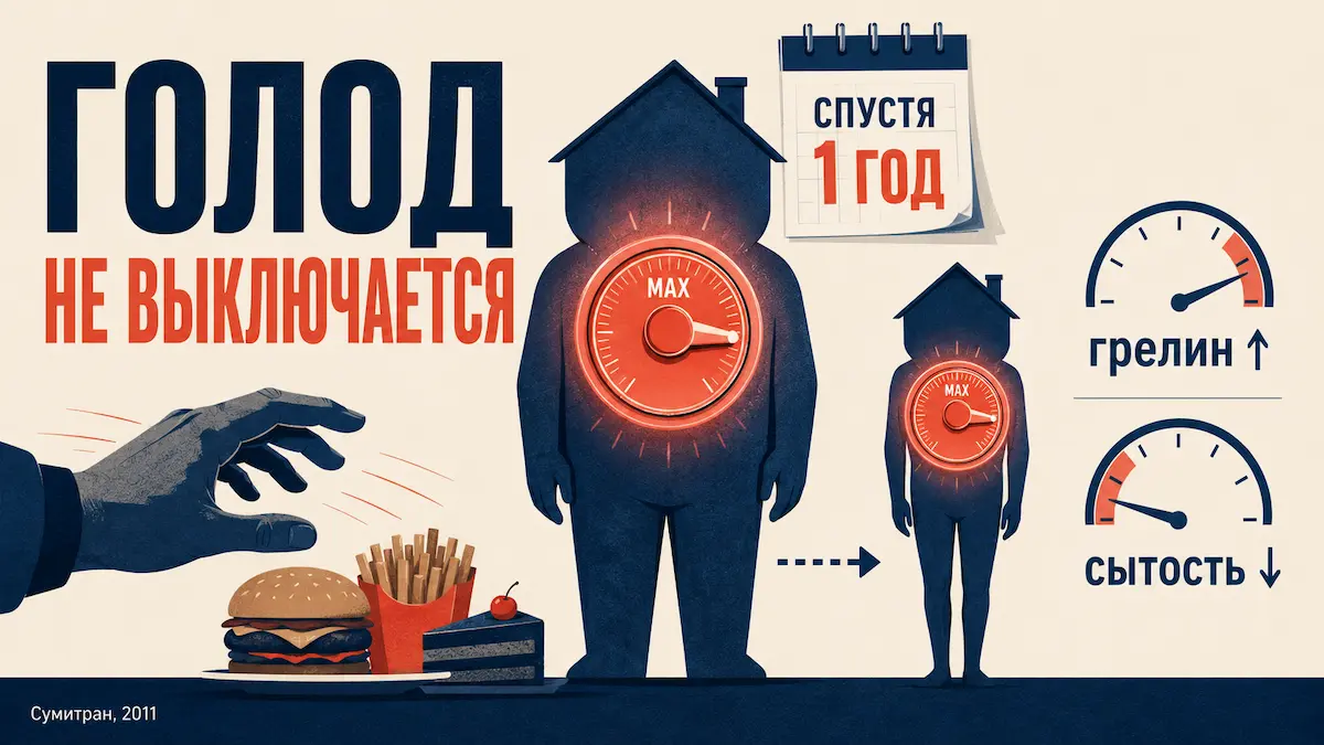 Через год после снижения веса тело всё ещё «просит» вернуть килограммы. Сумитран, NEJM, 2011. Почему после похудения хочется есть: грелин остаётся повышенным год