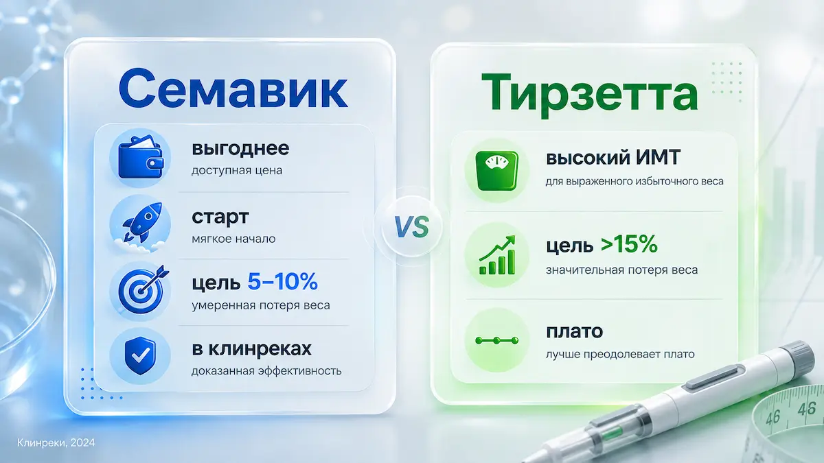 Ориентиры выбора: цель по весу, бюджет, переносимость и статус в клинрекомендациях. Решение — с врачом. Кому подходит Тирзетта, а кому Семавик: ориентиры выбора препарата для снижения веса