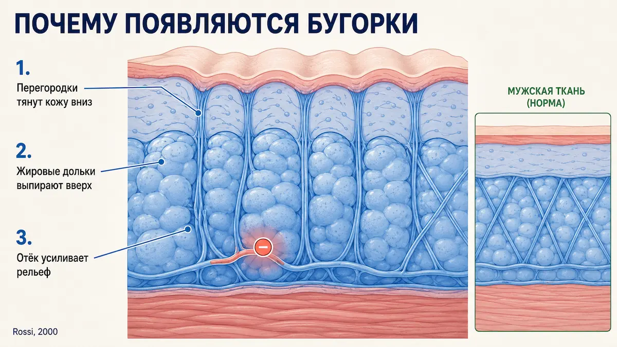 Схема: строение подкожной клетчатки и механизм образования целлюлита
