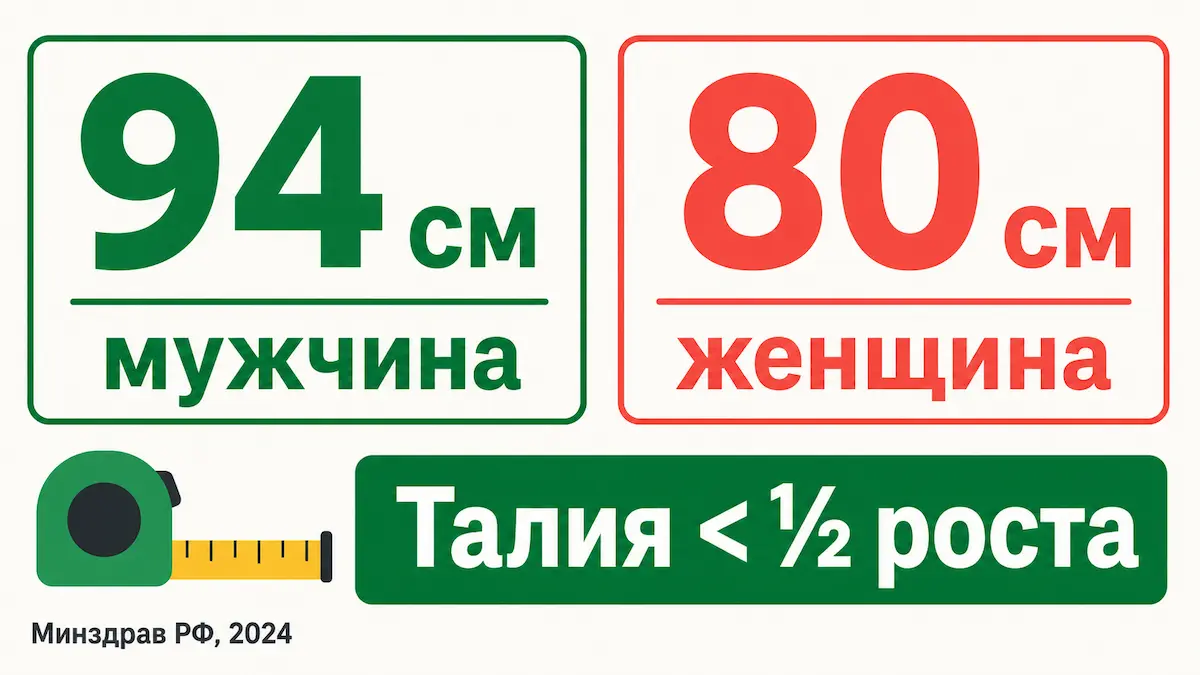 Два домашних ориентира: окружность талии (94/80 см) и правило «талия меньше половины роста». Норма талии при абдоминальном ожирении: 94 см у мужчин и 80 см у женщин