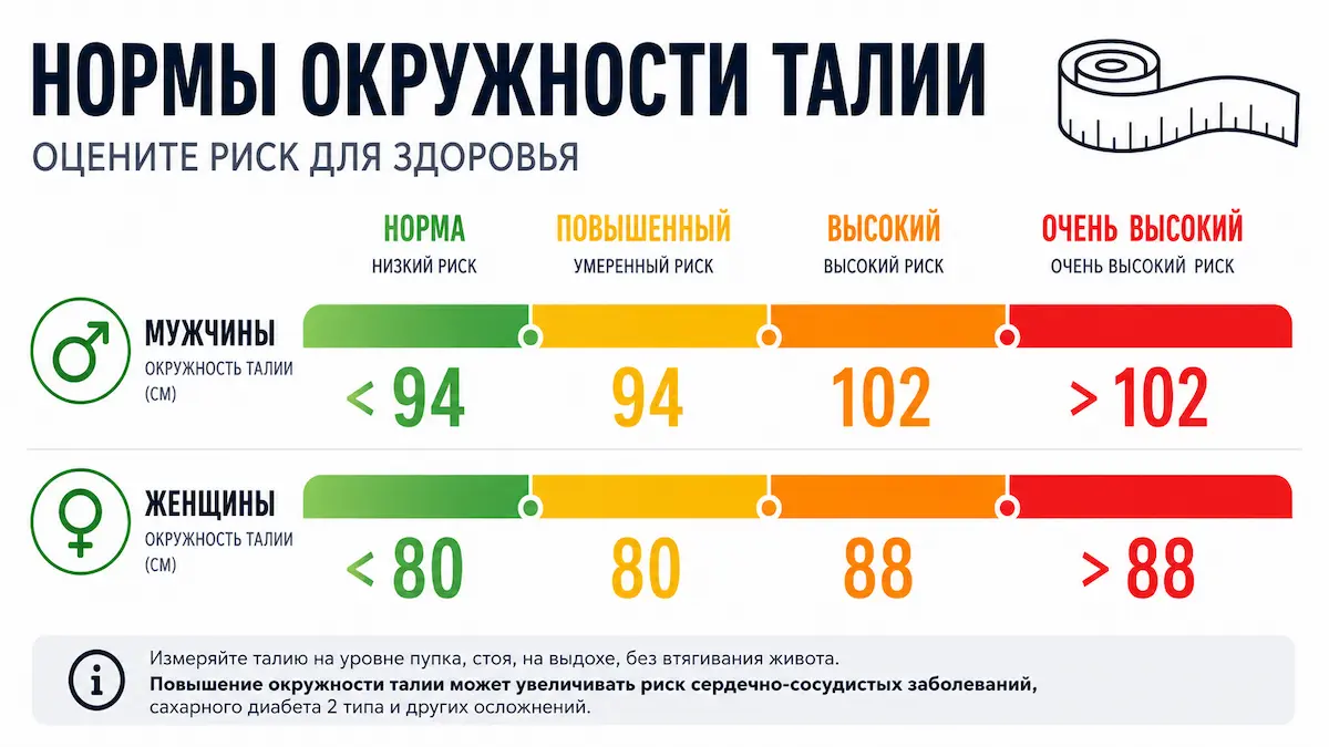 Возьмите сантиметровую ленту — это самый простой тест на скрытый риск. окружность талии норма и риск, шкала для мужчин и женщин