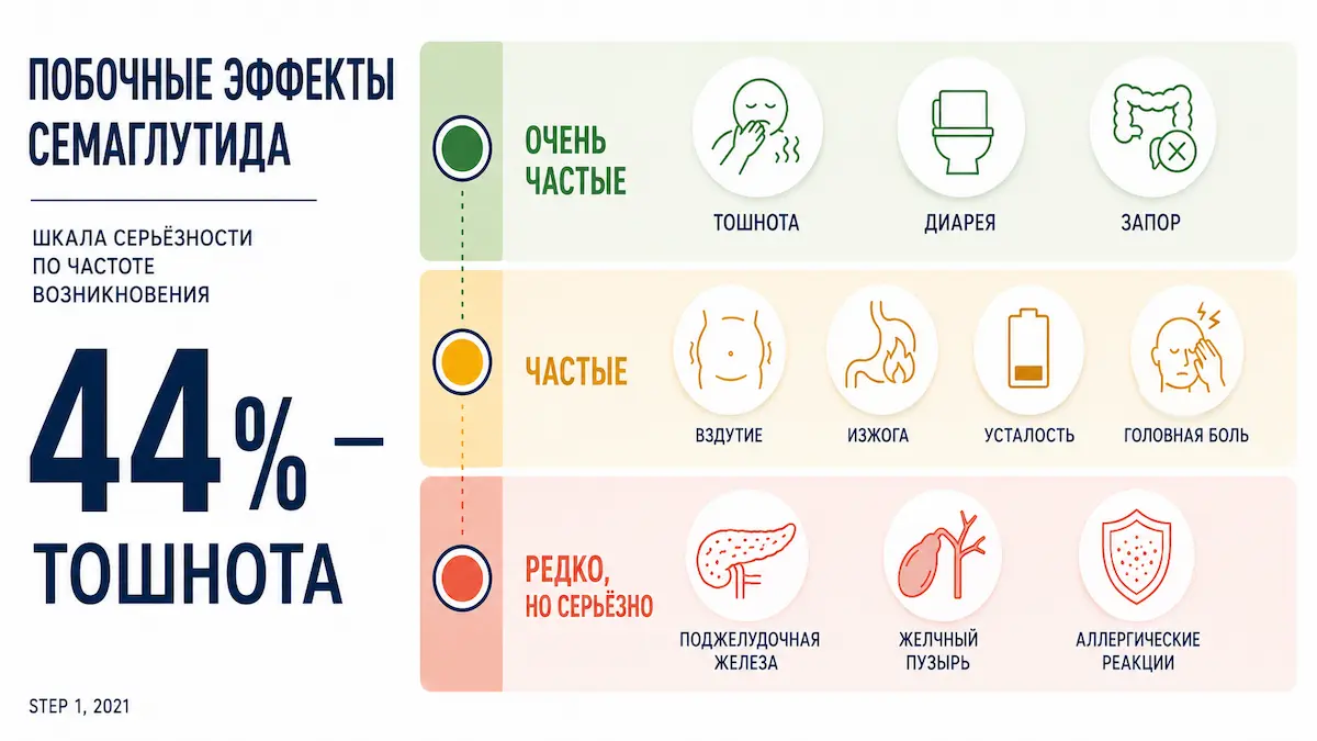 Тошнота — самая частая реакция; большинство симптомов лёгкие и временные побочные эффекты Семавика: частота реакций по данным STEP 1