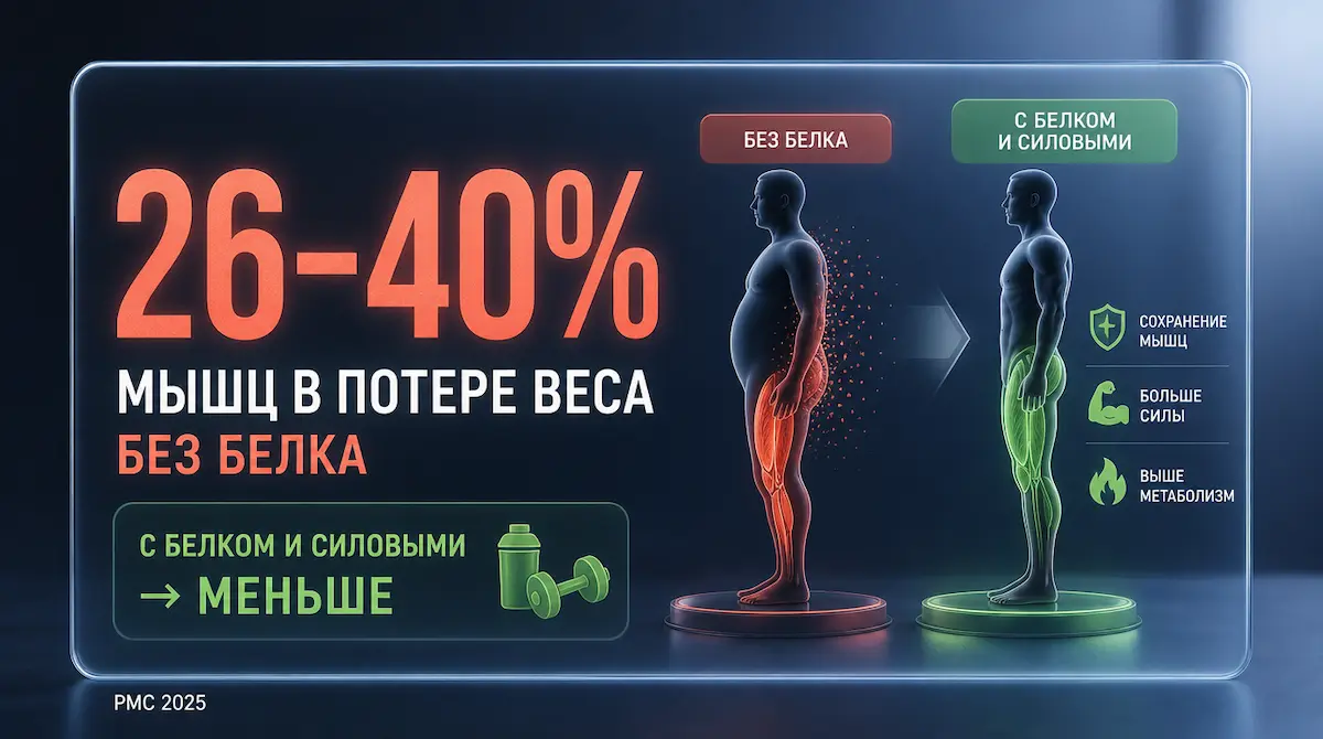Без белка и силовых до 26–40% сброшенного веса может приходиться на мышцы, а не жир. потеря мышц на семаглутиде: до 40% сброшенного веса без белка и силовых