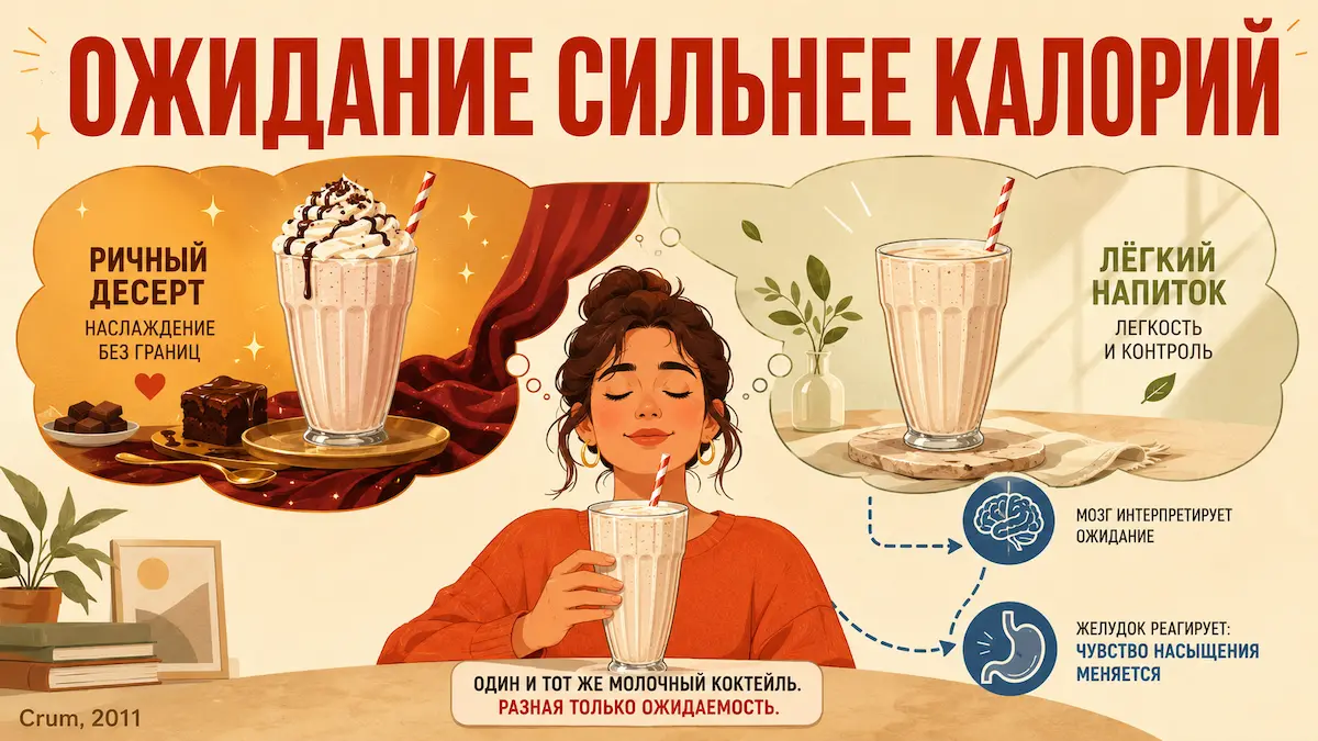 Один и тот же коктейль насыщал по-разному в зависимости от того, что о нём думали, — эксперимент Crum, 2011. ожидание сильнее калорий, эксперимент Crum о влиянии установок на насыщение