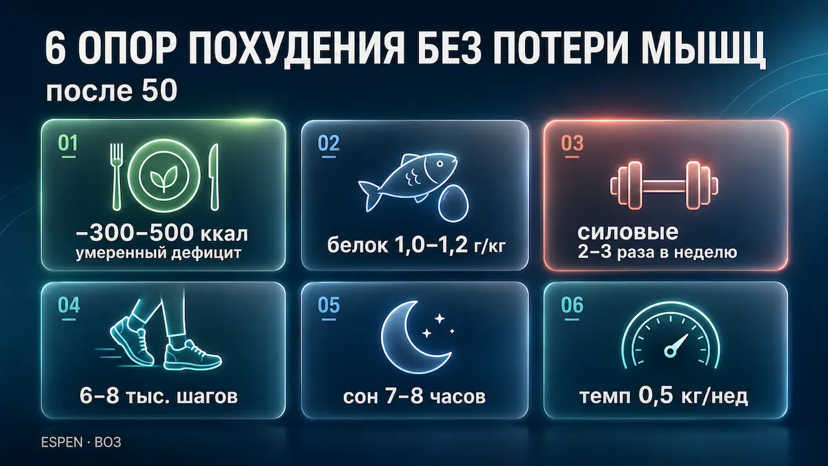Шесть опор, на которых держится похудение после пятидесяти без потери мышц. Шесть шагов: похудение после 50 без потери мышечной массы