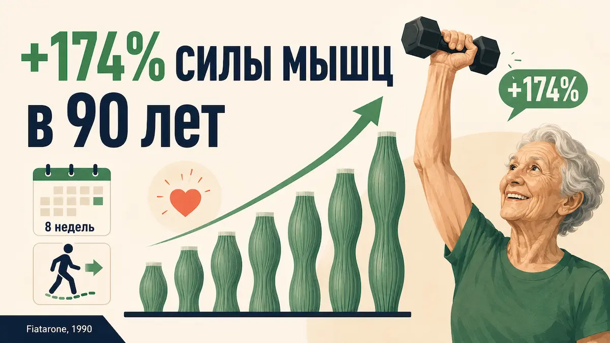 Даже у 90-летних 8 недель силовых тренировок увеличили силу мышц в среднем на 174%. Силовые тренировки строят мышцы даже после 90 лет — исследование в похудении после 50