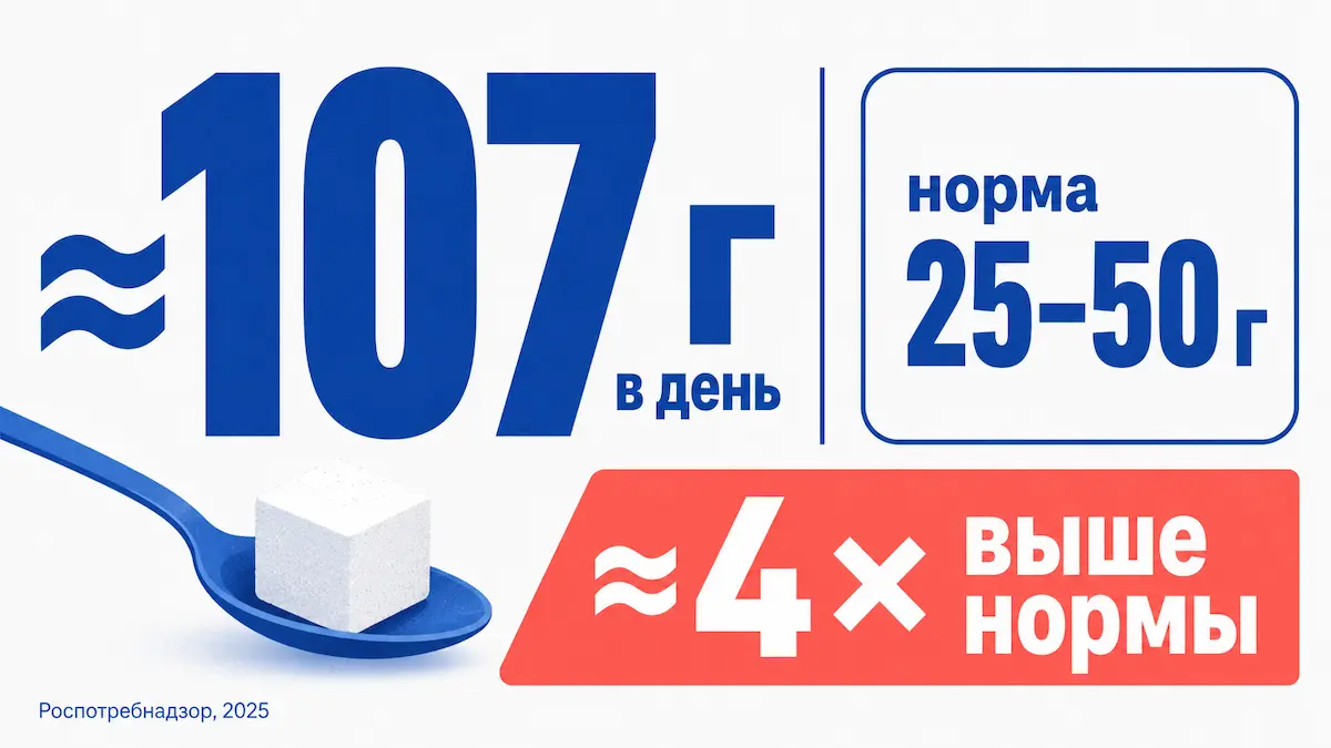 Около 107 г сахара в день против рекомендованных 25–50 г — разрыв набирается незаметно, за счёт «скрытого» сахара. отказаться от сладкого: сколько сахара едят россияне в день против нормы
