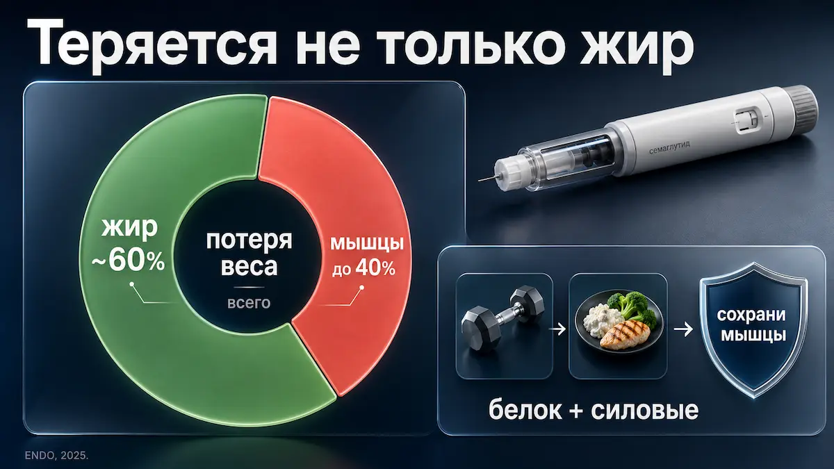 Часть потерянного веса — мышцы; белок и силовые их сохраняют. Из чего состоит снижение веса на семаглутиде: жир и мышцы