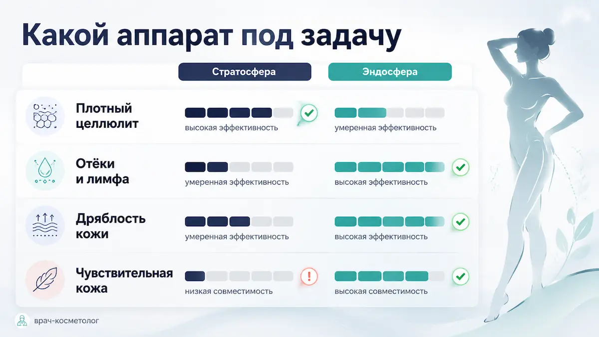 Ориентир по задачам: где логичнее стратосфера, а где — эндосфера. Финальное слово всегда за очной консультацией. стратосфера или эндосфера: какой аппаратный массаж выбрать под задачу