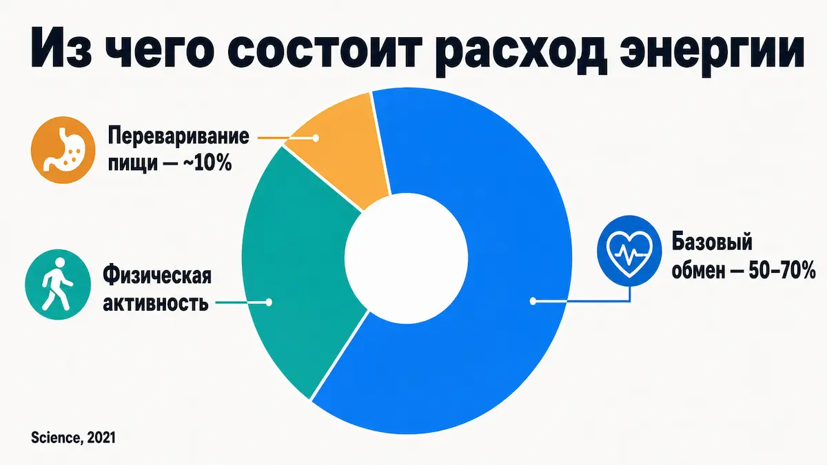 На базовый обмен покоя уходит основная часть суточных калорий — движение и переваривание пищи занимают меньшую долю. чтобы ускорить метаболизм, важно понимать структуру суточного расхода энергии
