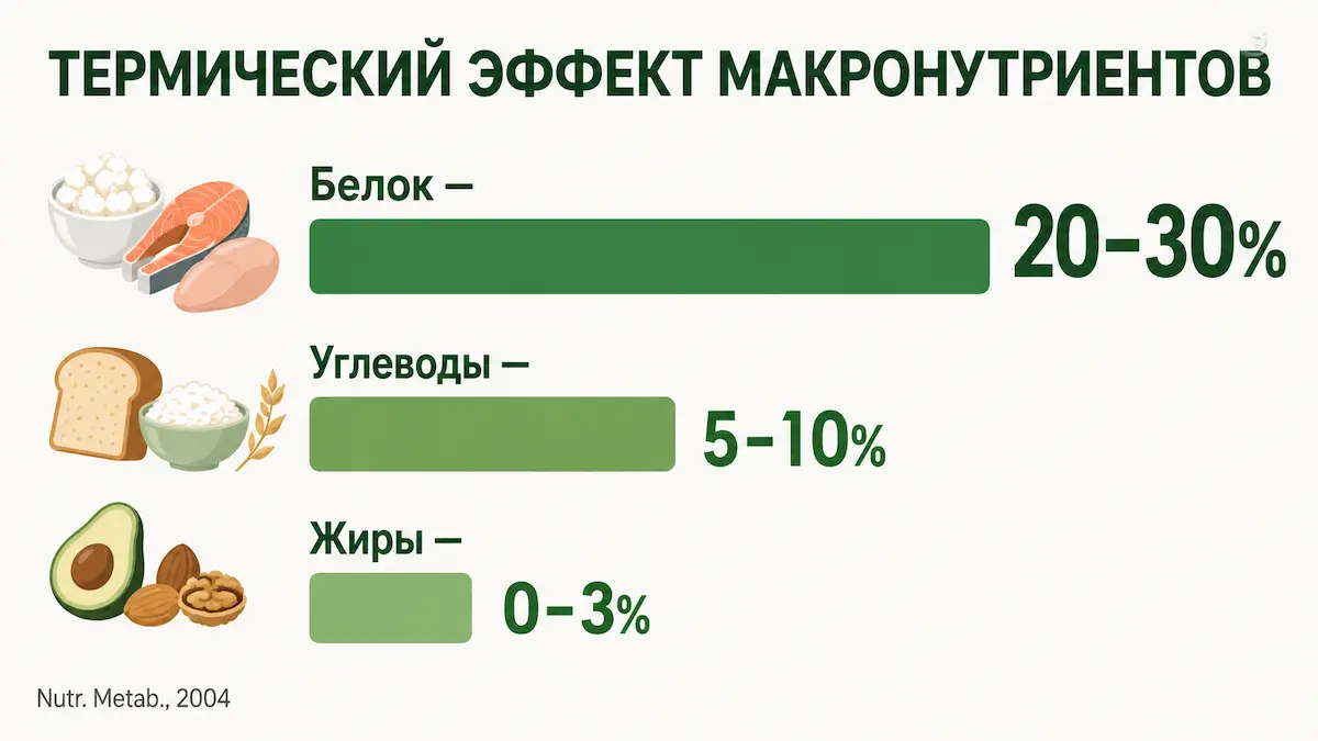 Белок «съедает» на переваривание в разы больше калорий, чем жиры и углеводы. тепловой эффект пищи: белок 20-30%, углеводы 5-10%, жиры 0-3%
