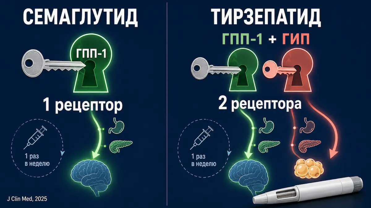 Тирзепатид действует на два рецептора, семаглутид &mdash; на один: схема механизма