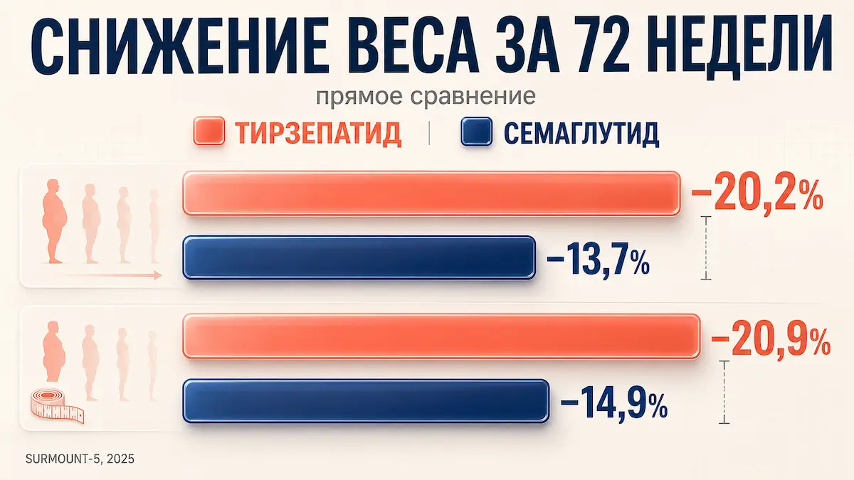 Снижение веса на тирзепатиде и семаглутиде: сравнение результатов клинических исследований в процентах