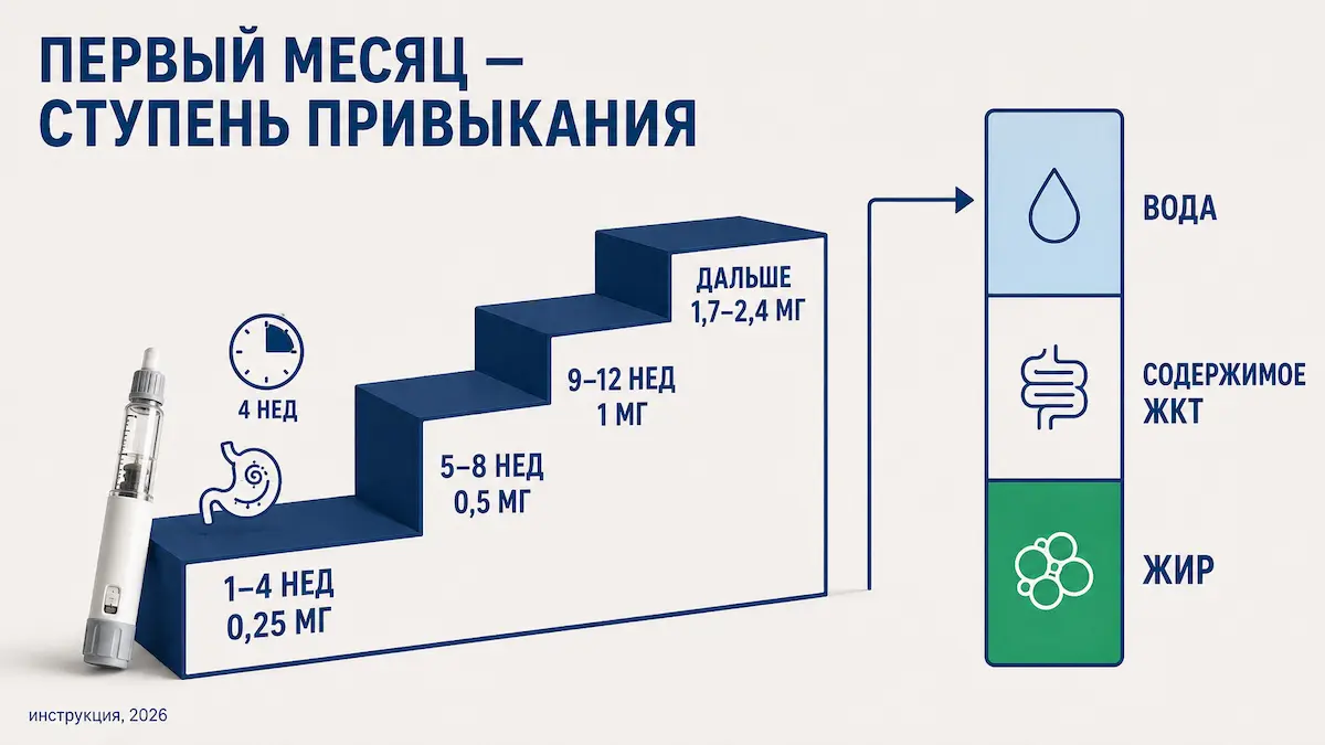 схема титрации дозы семаглутида по неделям и состав первых потерянных килограммов