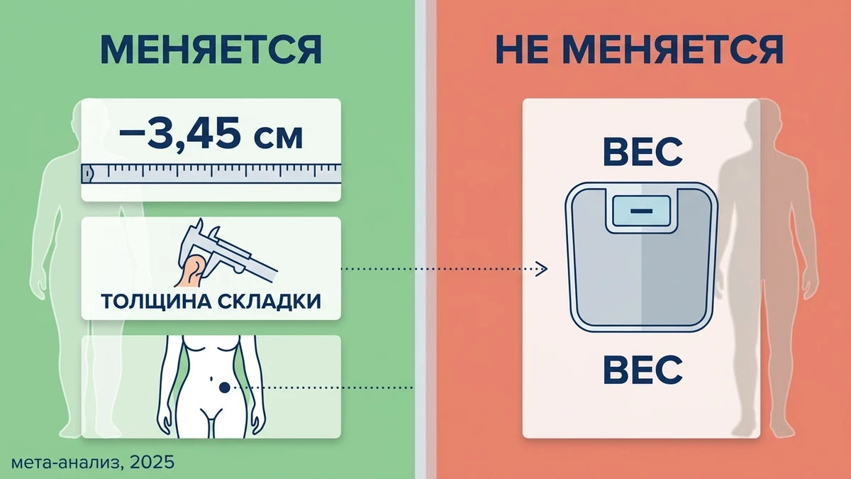 Окружность и толщина складки уменьшаются, масса тела — практически нет. Это и есть граница возможностей аппаратной коррекции. аппарат для похудения: что он меняет — окружность и толщина жира — и что не меняет — вес