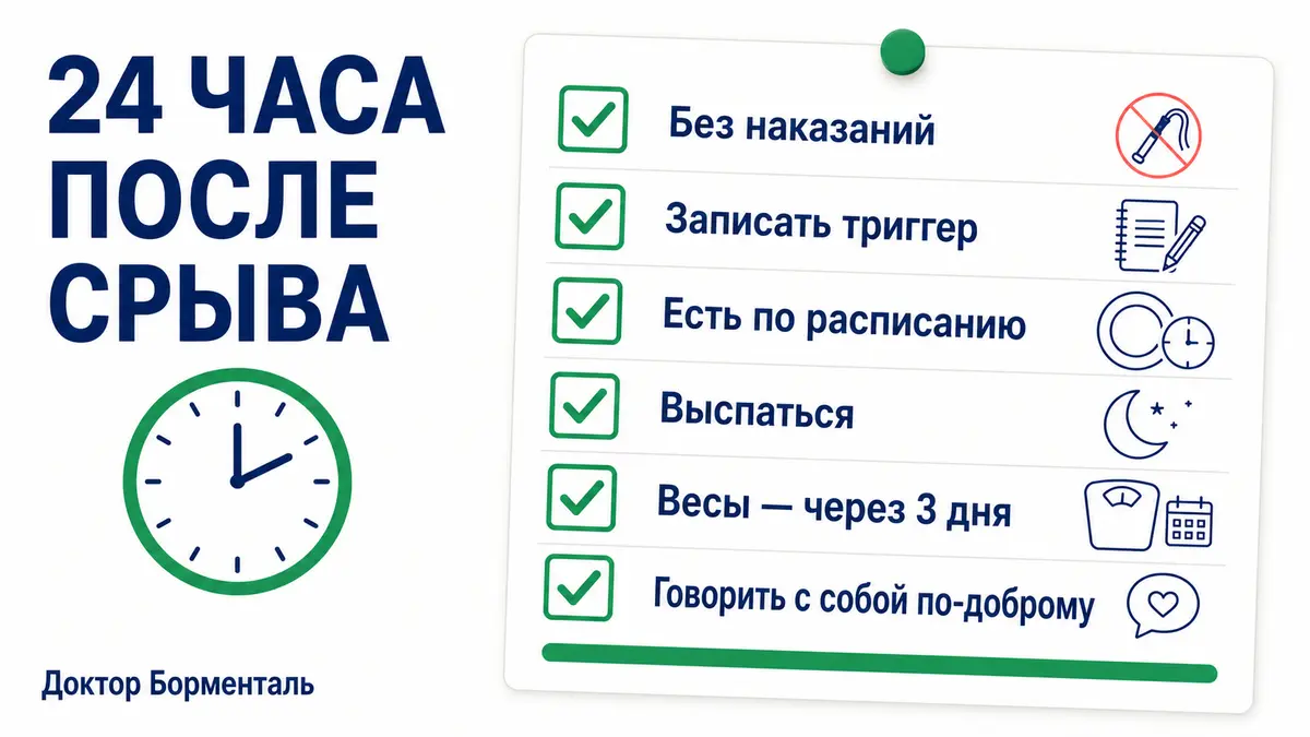 Шесть шагов первых суток: план вместо паники. Чек-лист: что делать в первые 24 часа после срыва с диеты — без голода и наказаний