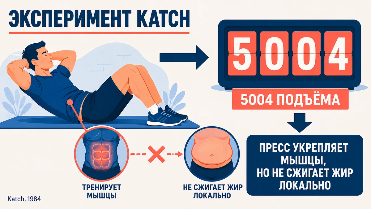 Эксперимент Катча 1984 года: 5004 приседания за 27 дней не уменьшили жир на животе локально
