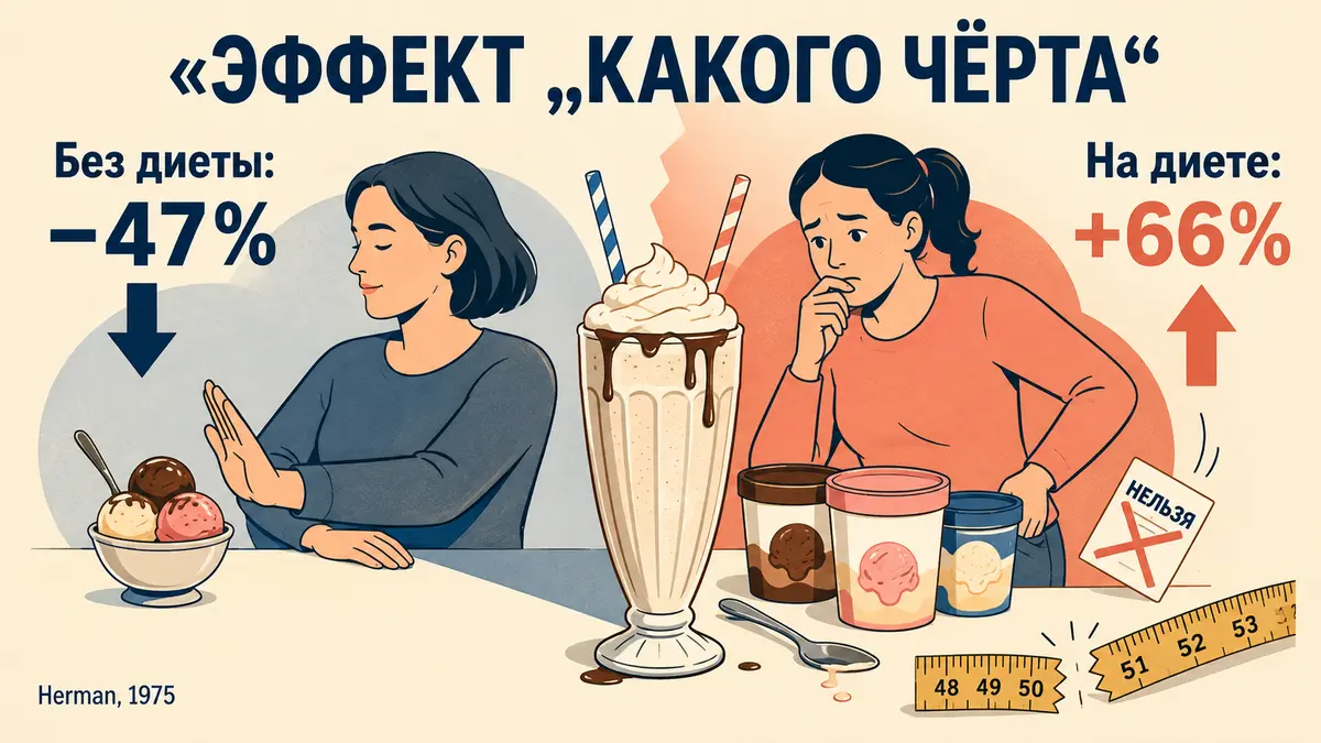 Парадокс 1975 года: у людей на диете «запретный» коктейль включал переедание, а у людей без диеты — обычное насыщение. Эксперимент Хермана и Мак с молочными коктейлями: люди на диете переедают после нарушения запрета