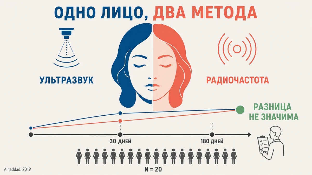 Сплит-дизайн: одно лицо, две технологии, слепая оценка через полгода Схема исследования: сравнение ультразвукового и радиочастотного лифтинга на разных половинах одного лица