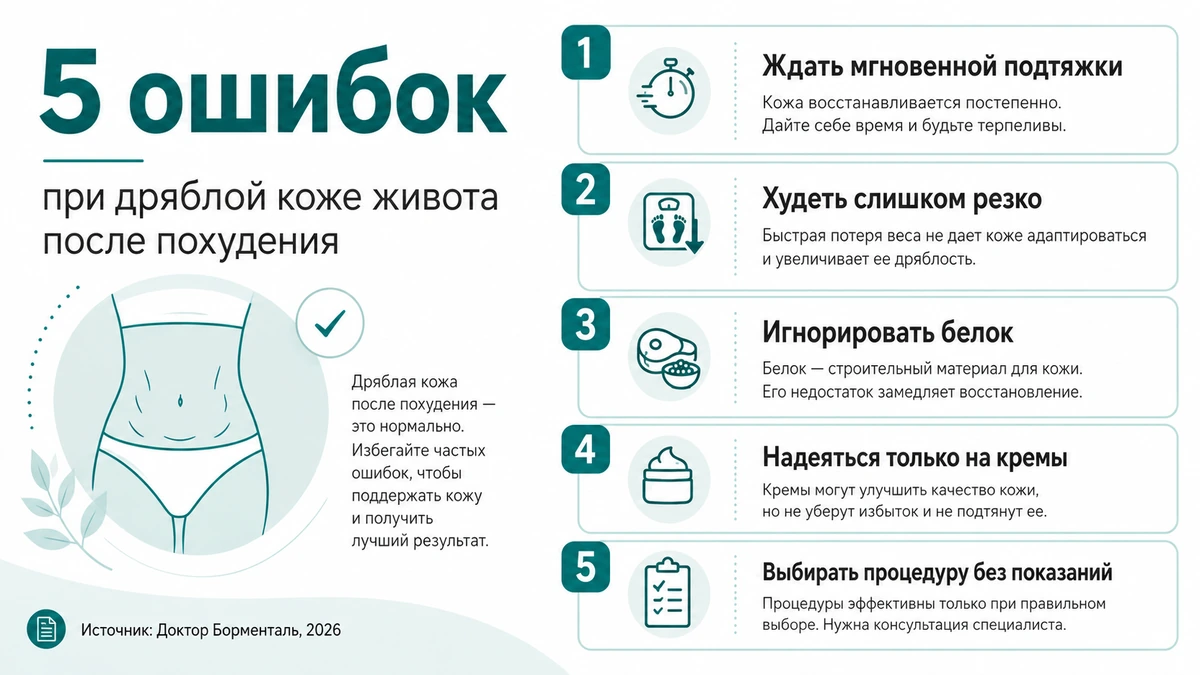Пять самых частых ошибок: быстрый темп похудения, надежда на кремы, старт курса при нестабильном весе, брошенный курс и чужие «до/после» Пять частых ошибок при восстановлении дряблой кожи живота — чек-лист врача-косметолога