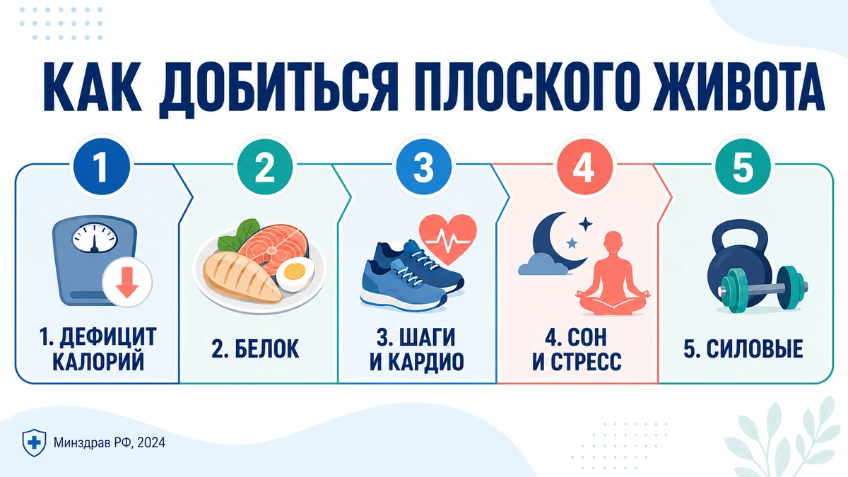 Плоский живот за 5 шагов: дефицит калорий, белок и клетчатка, 150 минут активности, сон 7&ndash;9 часов, меньше стресса