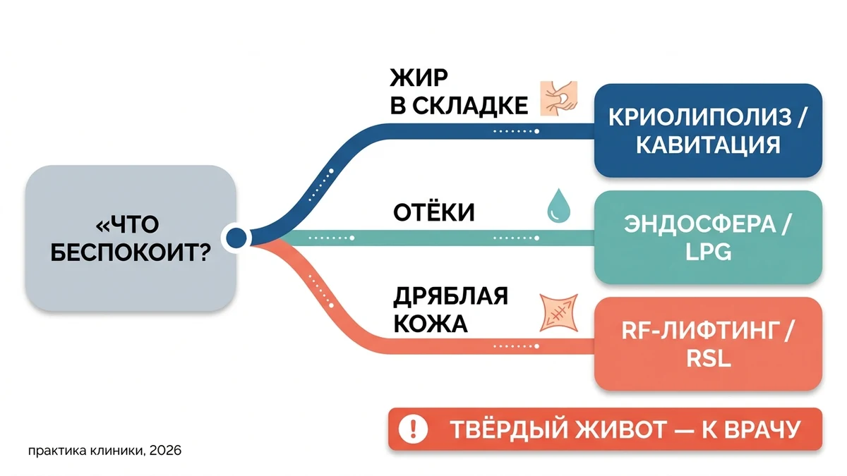 Схема выбора: сначала определяем ткань-мишень, и только потом технологию. Какой аппарат для похудения выбрать: дерево решений по задаче — жир, отёки, дряблая кожа