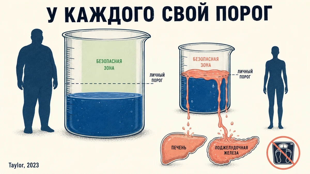 Порог у каждого свой: у одного он наступает при 110 кг, у другого — при 68. Личный жировой порог: почему признаки метаболического синдрома появляются при нормальном весе — схема