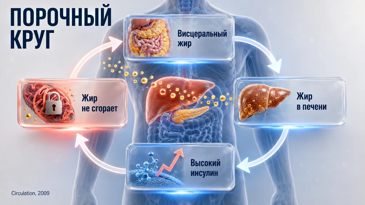 Порочный круг: висцеральный жир повышает инсулин, а высокий инсулин мешает расходовать жир. Как лишний вес запускает метаболический синдром: схема причина-следствие от висцерального жира до давления и сахара