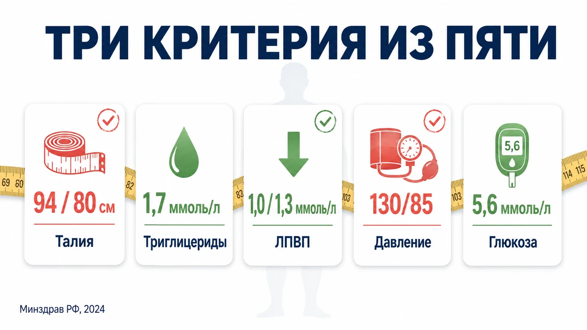 Три положительных пункта из пяти — повод идти к врачу, а не ждать симптомов. Метаболический синдром: пять критериев диагноза и пороговые значения на инфографике