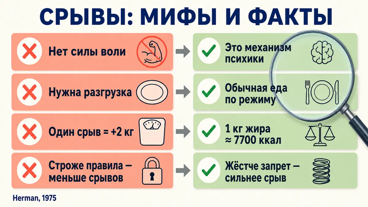 Четыре популярных мифа о срывах — и что говорит наука вместо них. Срывы при похудении: мифы и факты — сила воли, разгрузочные дни, один срыв и килограммы