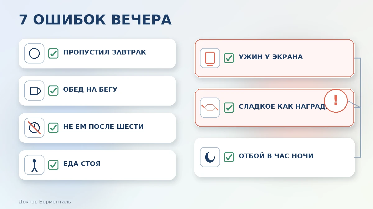 Чек-лист семи ошибок, из-за которых возникает переедание вечером, и что делать вместо них