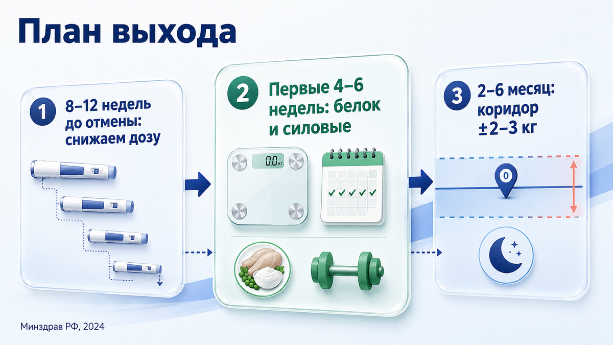 Плавный выход строится в три этапа, и первый начинается ещё на препарате. План выхода после отмены Семавика: что делать за 8 недель до и в первые месяцы после — алгоритм по шагам