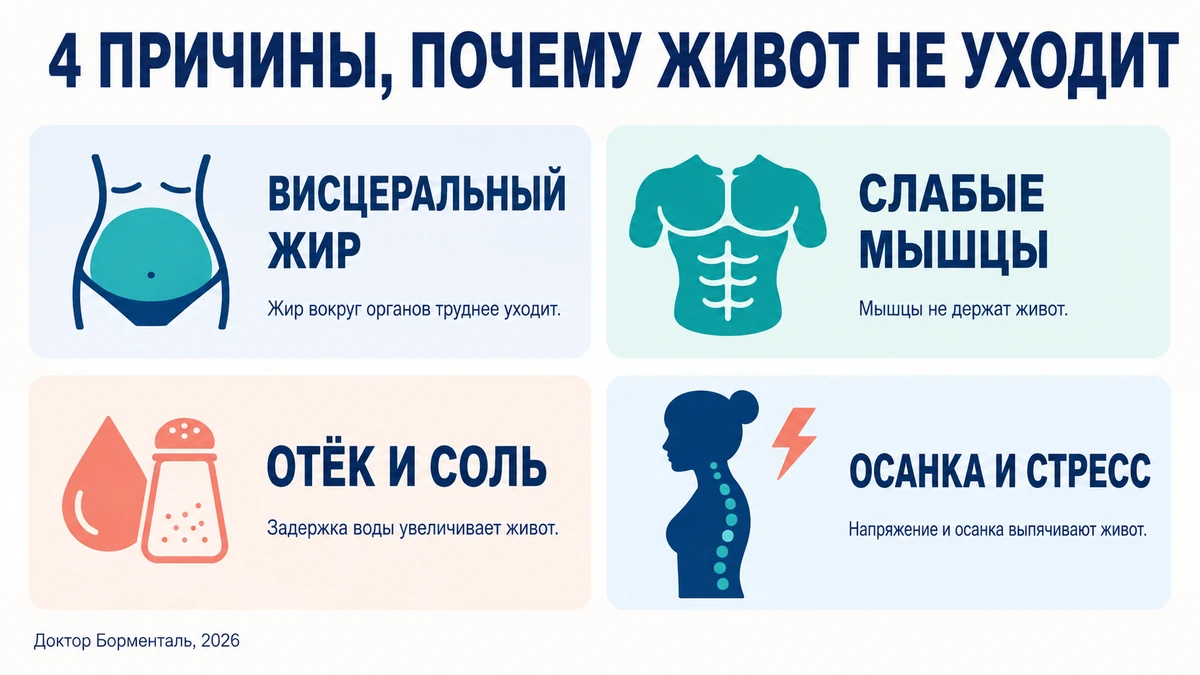 Плоский живот: 4 причины, почему живот выпирает &mdash; подкожный жир, висцеральный жир, вздутие, слабые мышцы