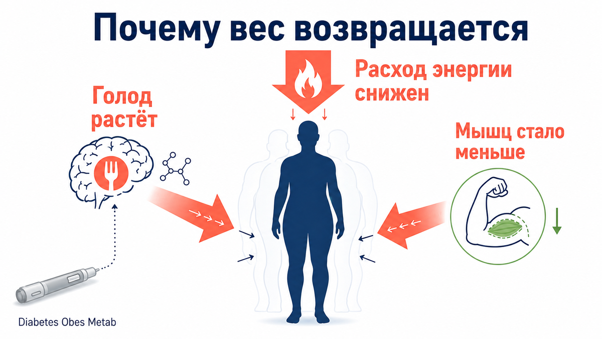Три силы работают против результата одновременно — поэтому одной диеты после отмены обычно мало. Почему возвращается вес: аппетит, сниженный расход энергии и потеря мышц — схема механизма