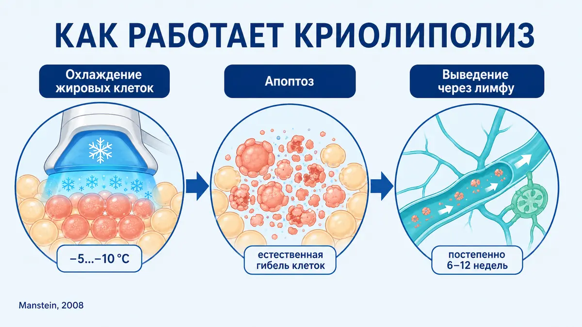 Механизм криолиполиза: охлаждение жировой складки, апоптоз клеток и вывод через лимфу за 1&ndash;3 месяца