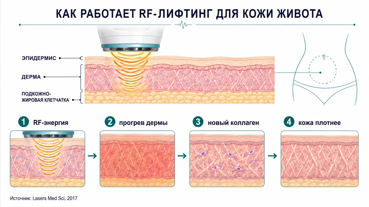 RF-энергия прогревает дерму → фибробласты активизируются → образуется новый коллаген → кожа уплотняется Как RF-лифтинг подтягивает живот после похудения: прогрев дермы и выработка нового коллагена