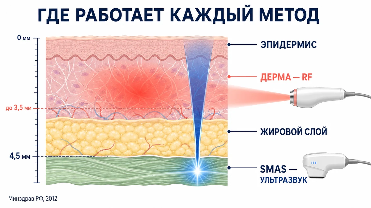 Ультразвук доходит до мышечно-апоневротического слоя, радиочастота работает выше — в дерме SMAS или RF-лифтинг: схема глубины воздействия ультразвука и радиочастоты в слоях кожи
