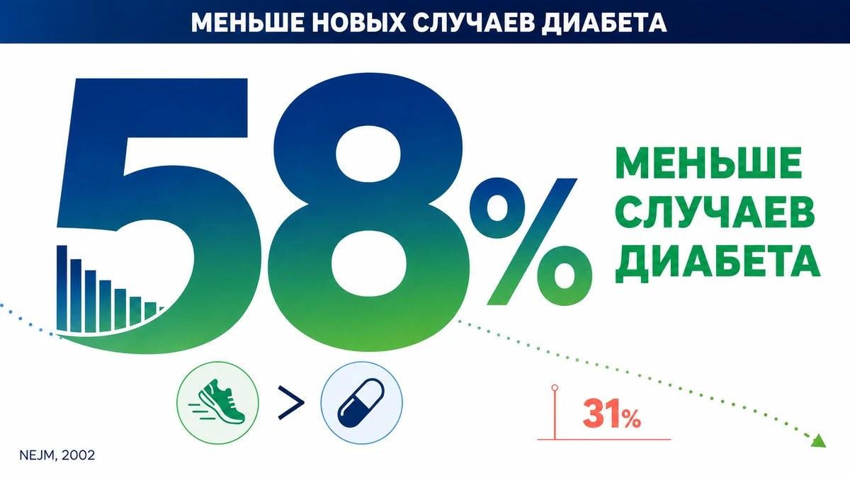58% — на столько снизилось число новых случаев диабета в группе изменения образа жизни. Минус 58% новых случаев диабета 2 типа при изменении образа жизни — инфографика по данным NEJM
