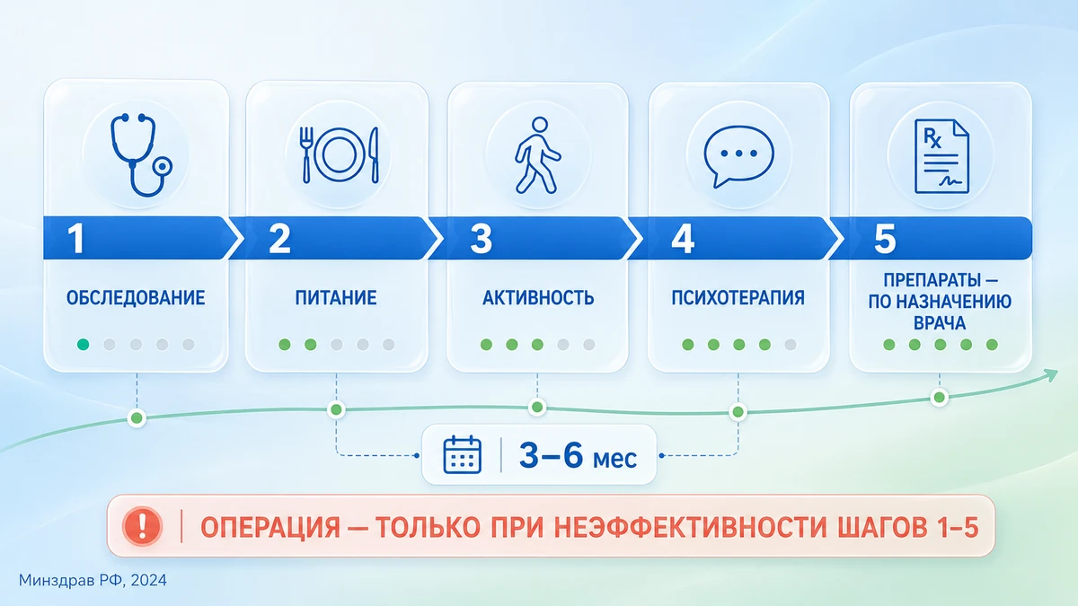 Алгоритм лечения ожирения 2 степени по шагам: обследование, питание, активность, психотерапия, препараты