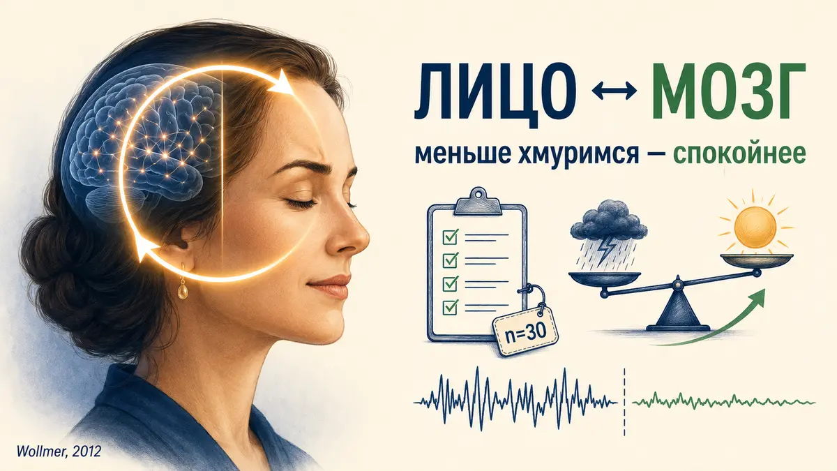Когда мышца нахмуривания расслаблена, мозг получает меньше «тревожных» сигналов от лица — так учёные проверяли гипотезу обратной связи Иллюстрация эксперимента: связь мимики лба и эмоций