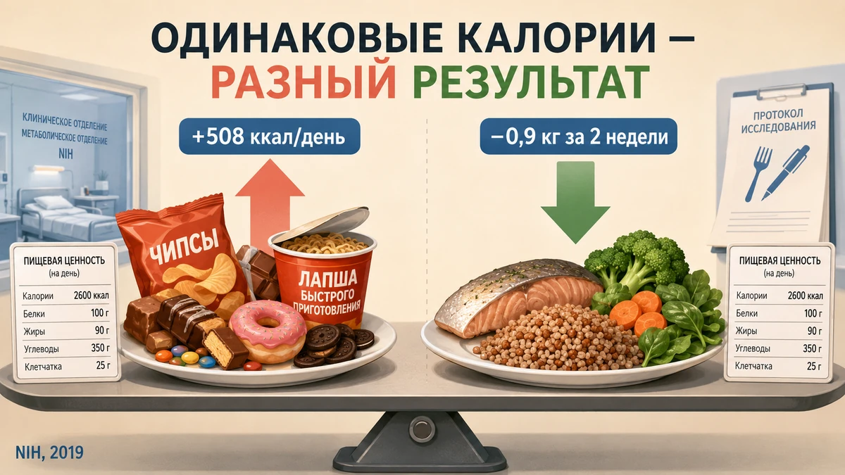 Эксперимент NIH: на ультрапереработанной еде участники съедали на 508 ккал в день больше