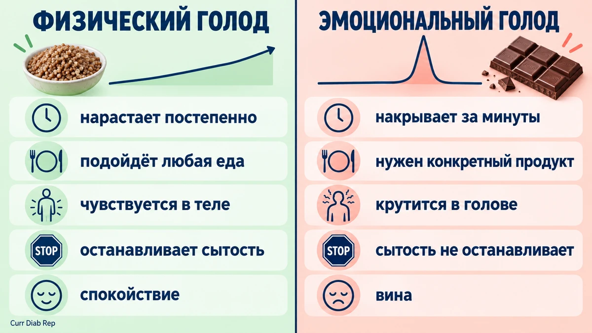 эмоциональный и физический голод: сравнение пяти признаков