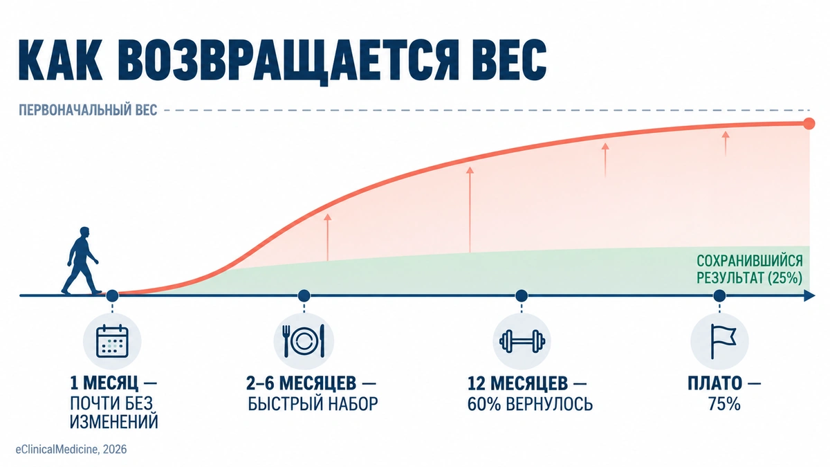 возврат веса после отмены семаглутида по месяцам: таймлайн от 1 месяца до 2 лет